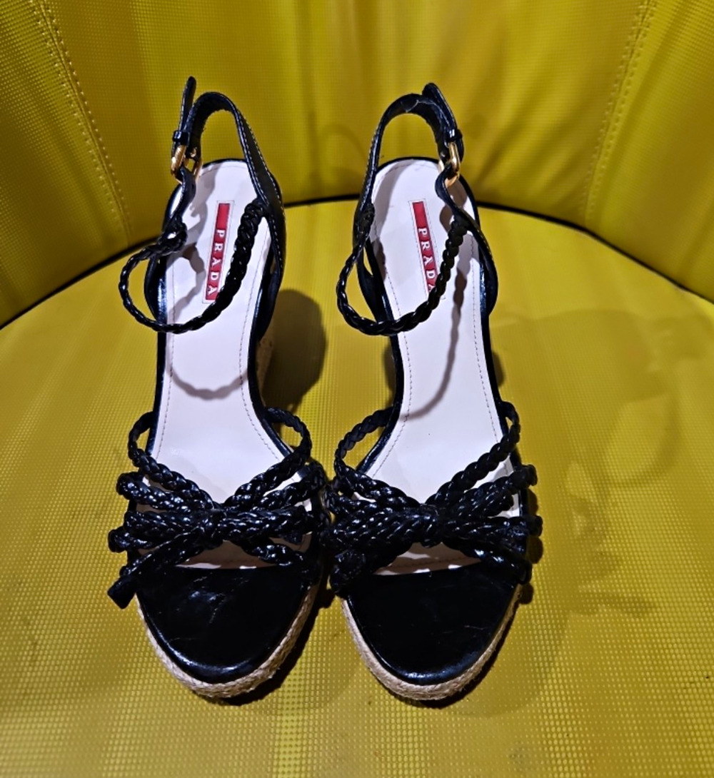 PRADA Black Braided Logo Strappy Wedge Sandals Ankle Strap Leather 6.5